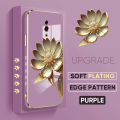 TA for OPPO Reno Back Cover With Hand Strap Gold Lotus Flower Luxury 6D Plating Case Side Pattern Soft Silicone Square Mobile Cover. 