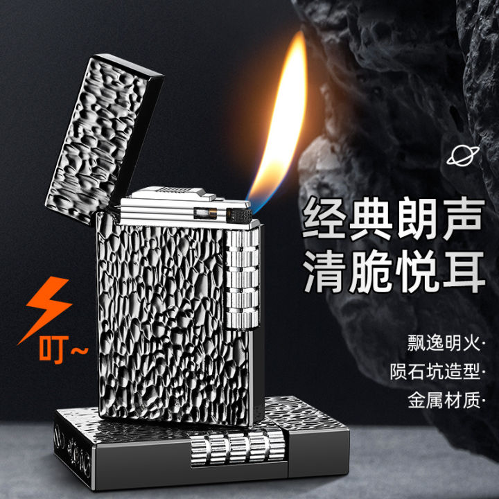 Small Wholesale Langsheng Steel Tone Open Fire Metal Lighter Inflatable Side Sliding Grinding Wheel Creative Cigarette Lighter High-End Gift for Men
