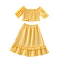 Little Girls Two-Piece Outfits, Solid Color Short Sleeve Off Shoulder Pleated Crop Tops + Ruffles Long Skirt. 