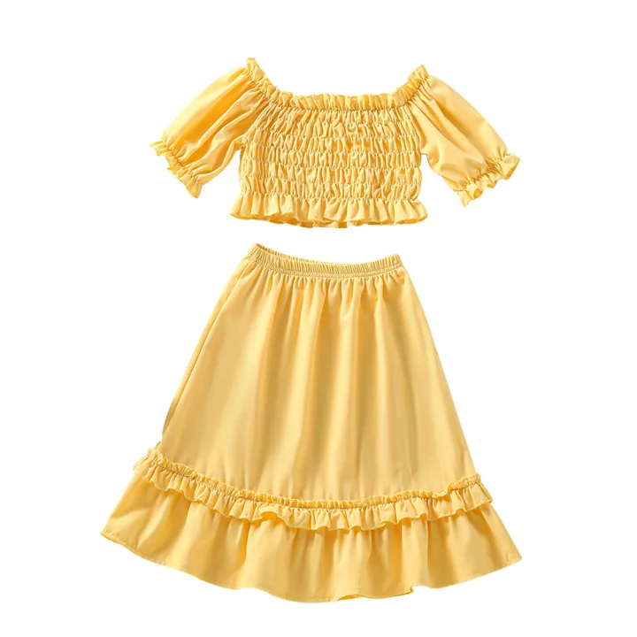 Little%20Girls%20Two-Piece%20Outfits,%20Solid%20Color%20Short%20Sleeve%20Off%20Shoulder%20Pleated%20Crop%20Tops%20+%20Ruffles%20Long%20Skirt%20-%20Image%204