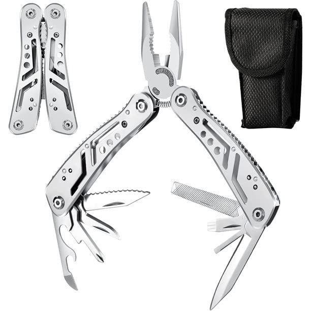 9 in 1 Stainless Steel Multitool Small Pocket Size Multifunctional Multitool Plier Pocket Size Light Weight Survival Tool Gadget Kit With 11 Piece Bit Set Screwdrivers White Multi Tool All In One For Multipurpose IMulti-Tool Kit for All type of situations