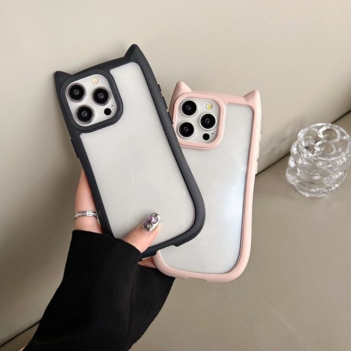 100% Quality+COD Cute Kawaii Cat Ears Transparent Phone Case for iPhone 15 14 13 12 Pro Max Shockproof Back Cover for Girl Gift