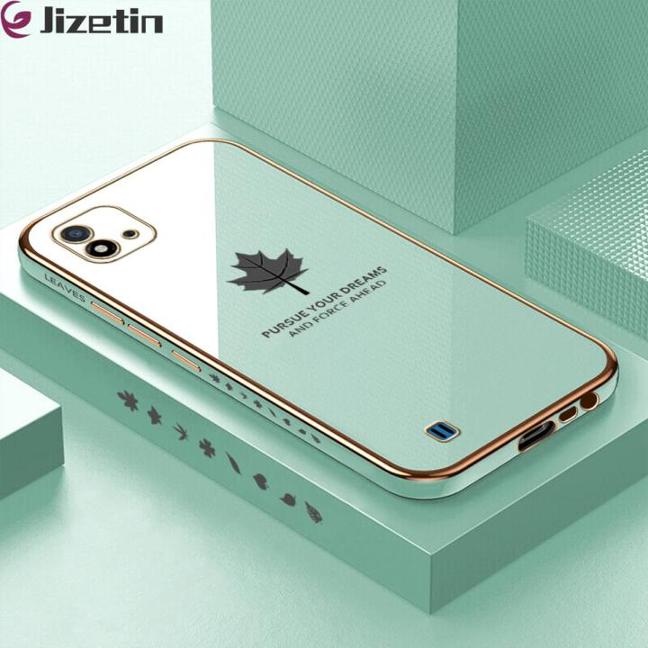 Jizetin (Free Lanyard) for Realme C11 2021 / C20 / C20A Cover Maple Leaf Luxury 6D Plating Soft Casing Silicone Square Frame Phone Case Shiny Bling Back Cover