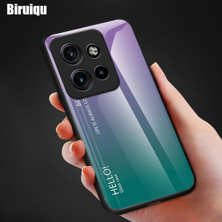 Biruiqu For Motorola Edge 50 Neo Shockproof Gradient Tempered Glass Back Soft Silicone Edge Case Cover
