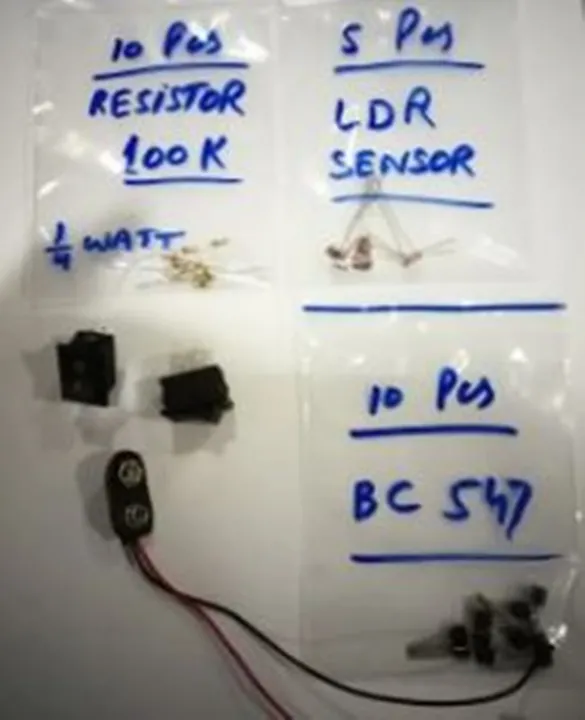 Electronic%20Parts%20Kit#7%20(Kit%20Number%207%20with%205%20Parts)%20-%20Resistor%20100K%201/4W%2010Pcs%20-%20Transistor%20BC547%2010Pcs%20-%20LDR%20Sensor%205Pcs%20-%20On/Off%20Switch%202Pcs%20-%209V%20Battery%20Clip%201Pcs%20-%20Image%204