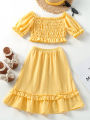 Little Girls Two-Piece Outfits, Solid Color Short Sleeve Off Shoulder Pleated Crop Tops + Ruffles Long Skirt. 