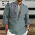 Men Long Sleeve Shirt Stylish Ethnic Print Men's Casual T-shirt Slim Fit Long Sleeve Stand Collar Trendy Spring/fall Shirt for Southeast Asian Fashion Enthusiasts Men Shirt. 