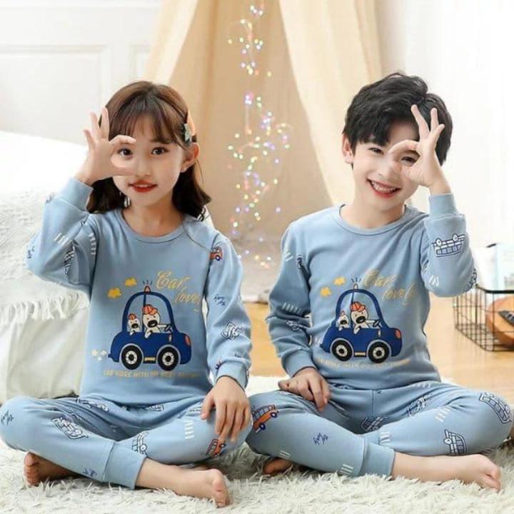 Wonderfull Car love Boys Girls Sleep Suit Children Pajamas Baby Clothes 2PCS Clothing BABA Printed Design Full Sleeves Style Kids Night Suit T Shirt and Pajama Autumn Winter