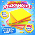 Multicolor Sticky Notes, Bright Colours Self-Stick Memo Pad Paper 3X3 inch Square - Pack of 1 / 100 Sheets. 