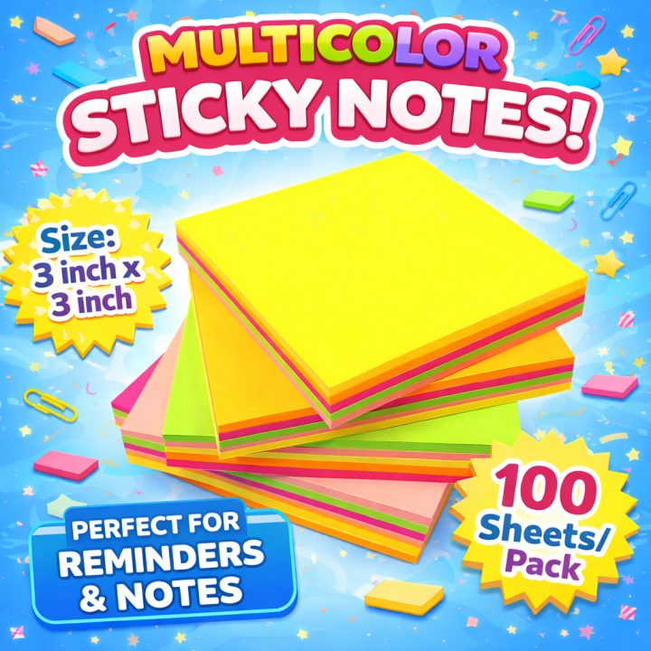 Multicolor Sticky Notes, Bright Colours Self-Stick Memo Pad Paper 3X3 inch Square - Pack of 1 / 100 Sheets