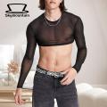 Men Solid Color Crop Top Men's Mesh Crop Top for Nightclub Party Performance Slim Fit O Neck Long Sleeve Shirt with Waist-exposure Breathable See-through Design Breathable Men Long Sleeve Top. 