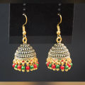 Golden Antique Dangle Jhumki With Red and Green Beads for Girls-006. 