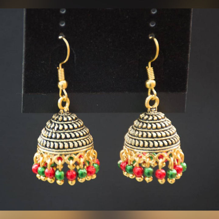 Golden Antique Dangle Jhumki With Red and Green Beads for Girls-006