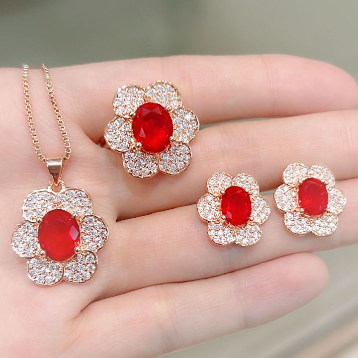 INTERNET CELEBRITY LIVE PLATING 18K LUXURY FULL DIAMOND SIX PIECES OF FLOWER RING EARRINGS STUD PENDANT NECKLACE JEWELRY SET TIKTOK