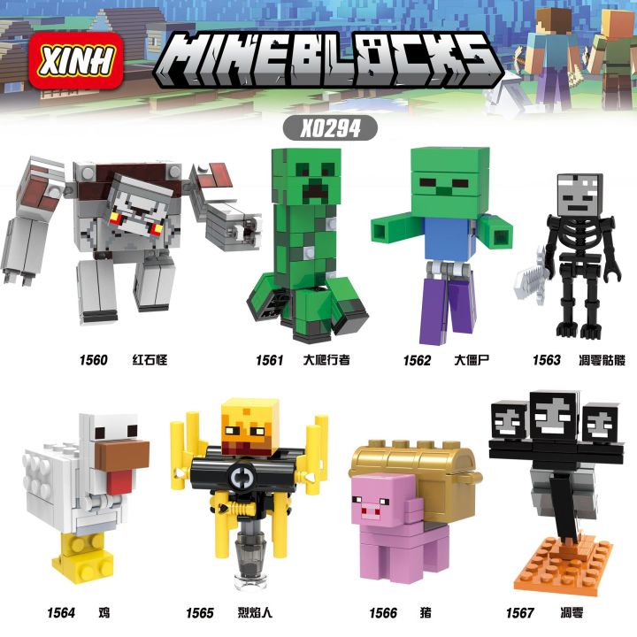 8pcs/set Minecraft Figures Building Zombie Chicken Jockey Creeper Wither skeleto Blaze Blocks Bricks For Children Gift Toys X0294