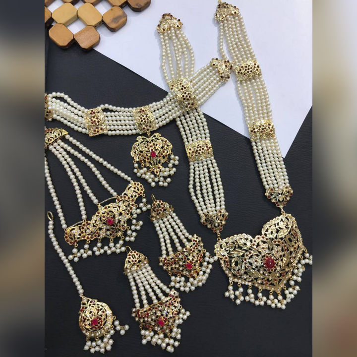 Jewel Gem Branded Gold Platted Complete 6 Piece Bridal Pearls Set With Colored Stones