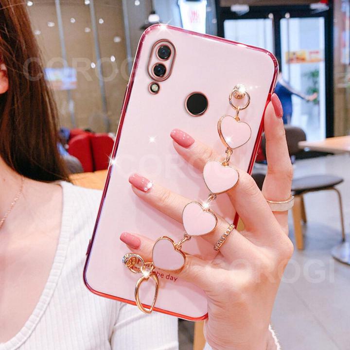 For Huawei Nova 3 Phone Cover + 3D Love Heart Wristband Fashion Ultra Thin Shiny Plating Bumper Soft TPU Silicone Shockproof Protective Case Back Cover
