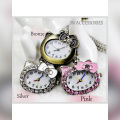 Bow Hello Kitty Pocket Watch Pendant With Long Chain. 
