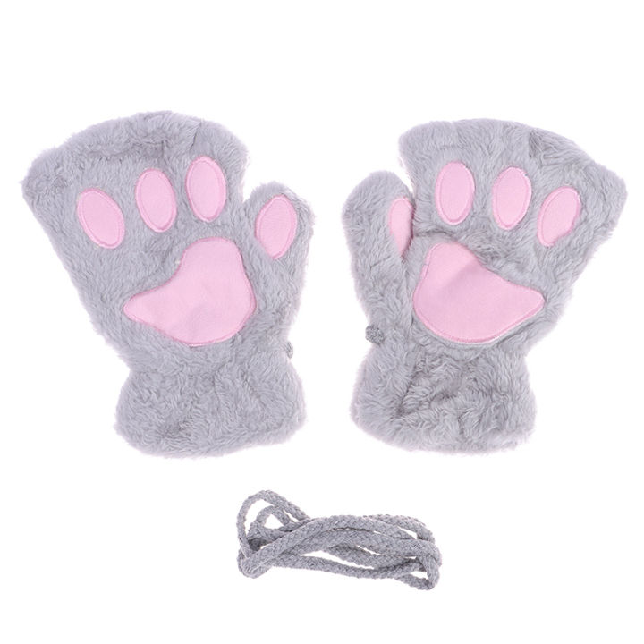 Cute Cat Paw Fluffy Claw Fingerless Gloves Warm Soft Plush Fingerless ...