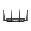 AC3100 Dual Band Gigabit WiFi Gaming Router with MU-MIMO, supporting AiProtection network security by Trend Micro, AiMesh for mesh WiFi system, and WTFast game accelerator. 