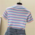 Korean Style chic Women's Colorful Striped Short-Sleeved Sweater Summer Student All-Matching Slim Fit Slimming Bottoming Shirt Retro Top. 