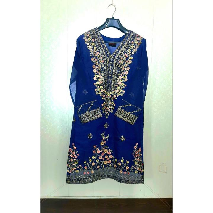Shalwar Kameez for women stylish stitched for wedding navy blue Organza Shirt with Russian Trouser