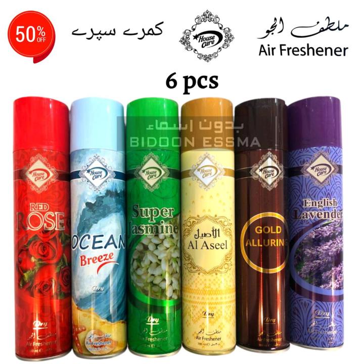 Air Freshener Red Rose | Ocean Breeze | Jasmnine | Aseel | Gold Allure Pack of 6 300ml Big Bottle House Care Room Spray Imported High Quality Deal Offer Fresh Scent Fragrance | Wash Room Bath Room Easy to use | Office Room | Car Air Freshener | Hotel Room