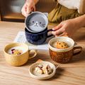 Japanese Ceramic Cartoon Cat Mug Cute Breakfast Cup Creative Coffee Cup with Lid Milk Cup Couple Water Cup. 