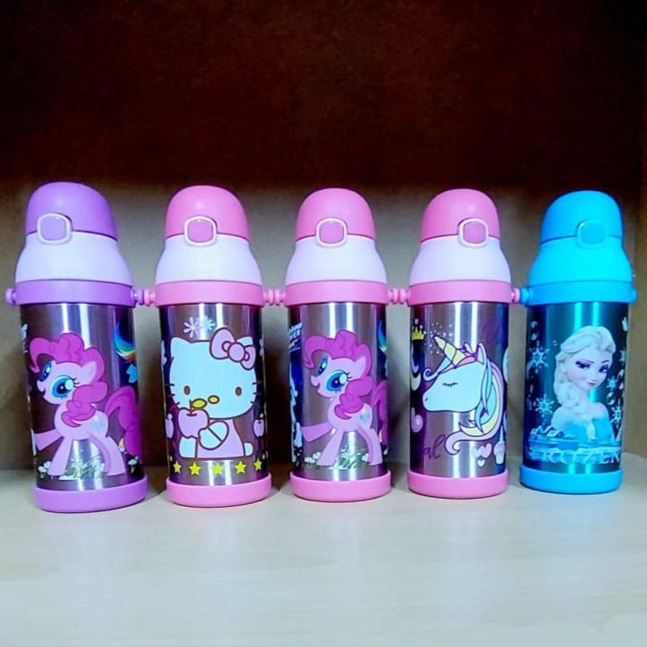 Disney Girls Cartoon Characters Stainless Steel Insulated, Vacuum Water Bottle With Straw for Schools Kids 350ml