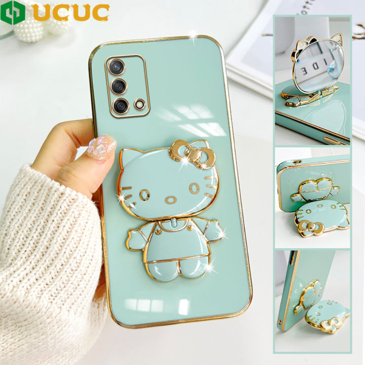 UCUC for OPPO F19 A74 A95 Back Cover Cute kitty Mirror Multifunction Folding Bracket Luxury 6D Plating Case Soft Silicone Square Phone Cases for Boys for Girls