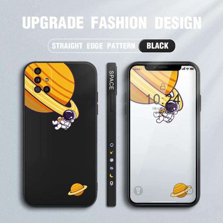 Jizetin for Samsung Galaxy A71 Case Creative Cartoon Astronaut Orbits Saturn Side Design Phone Cover Square Edge Pattern Liquid Silicone Phone Cases