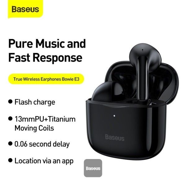 Baseus Bowie E3 Bluetooth Headphone Wireless Headphones TWS earphones, Fast charging, 0.06 second delay, Location APP Black