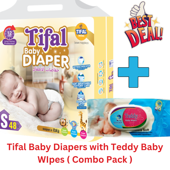 Tifal Baby Diapers with Teddy Baby Wipes | Tifal Baby Diapers Small Size (S) 48 Pcs Economy Pack with Teddy Baby Wipes| Ideal for Babies Weighing 4-9 KGs | Premium Diapers and Wipes Combo for Comfort