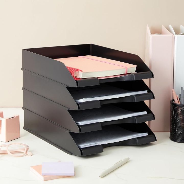 Document Tray | 1, 2 and 3 storey | Black Stackable Paper Trays for Letter Documents, Desktop File Organizers for Office Supplies, Stackable Desk Tray Holder for Paper Storage