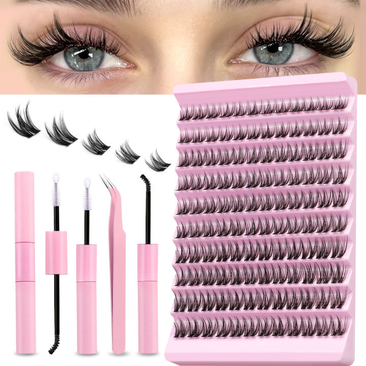 DIY Eyelash Extension Kit, Lash Cluster Kit With Waterproof Strong Hold Eyelash Bond, Eyelash Remover and Tweezer (200 clusters)