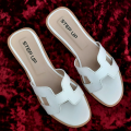Women's Flat White H Slides - Synthetic Leather Slippers. 