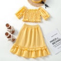 Little Girls Two-Piece Outfits, Solid Color Short Sleeve Off Shoulder Pleated Crop Tops + Ruffles Long Skirt. 