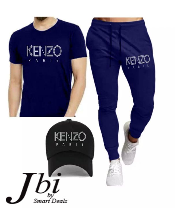 Kenzo Paris Printed Tracksuit Summer Half Sleeves Round Neck T-Shirt Trouser With Printed Cap Tracksuit for Men Blue Summer Mens Tracksuit