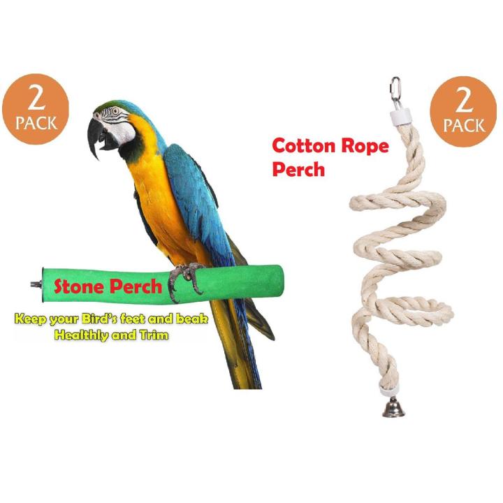 2 pack Bird Perch set Sandy stone perch Natural Wood Parrot Perch Bird cotton Rope perch parrot  Stand Cage Chewing pet Grinding for Beak Feet Grinding Nails Trimmed Toy for cage love birds finches Budgie sun conure cocktail Macaws
