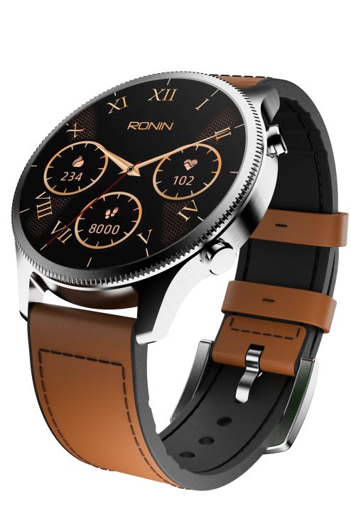 Ronin R-010 Ultra Smart Watch with Faux Leather Strap - Bt Calling Smart Watch with 100+ Sports mode with Fitness Tracking & Multiple Watch Faces Option - Amoled Display with AoD Feature in Metallic Body Design