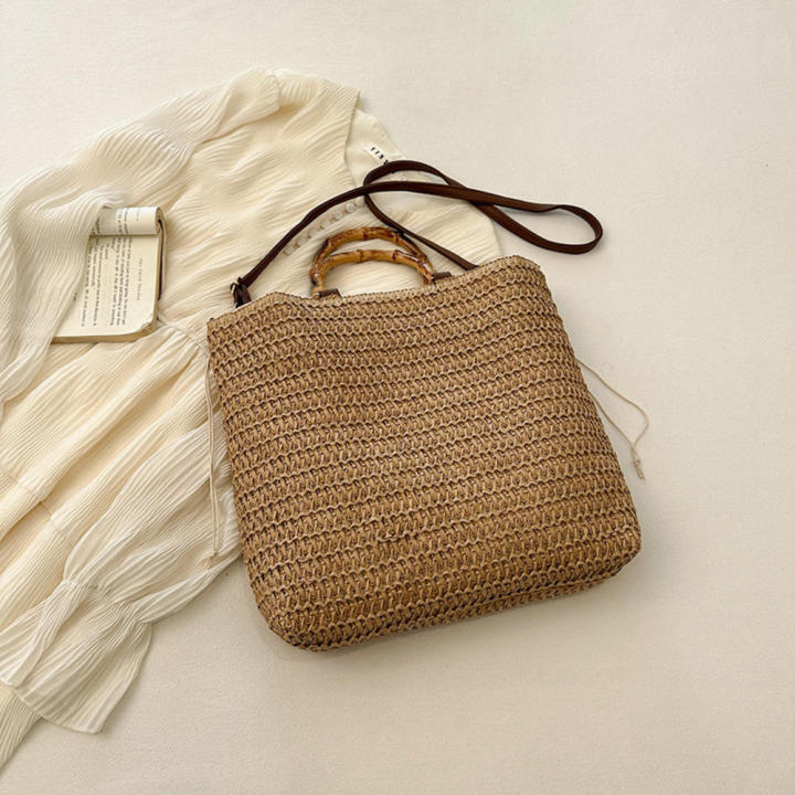 Straw Handbag Casual Multicolor Woven Tote Bag Retro Striped Shoulder Bag for Beach Holiday Commute Women
