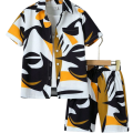 "Men's Stylish Two-Piece Short Sleeve Shirt and Shorts Set - Abstract Print in Black, White, and Yellow". 