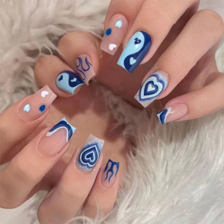 24Pcs Blue Flame Love Wearing False Nails Press On Nail Tips Full Cover Manicure Detachable Special Artificial Nails Art