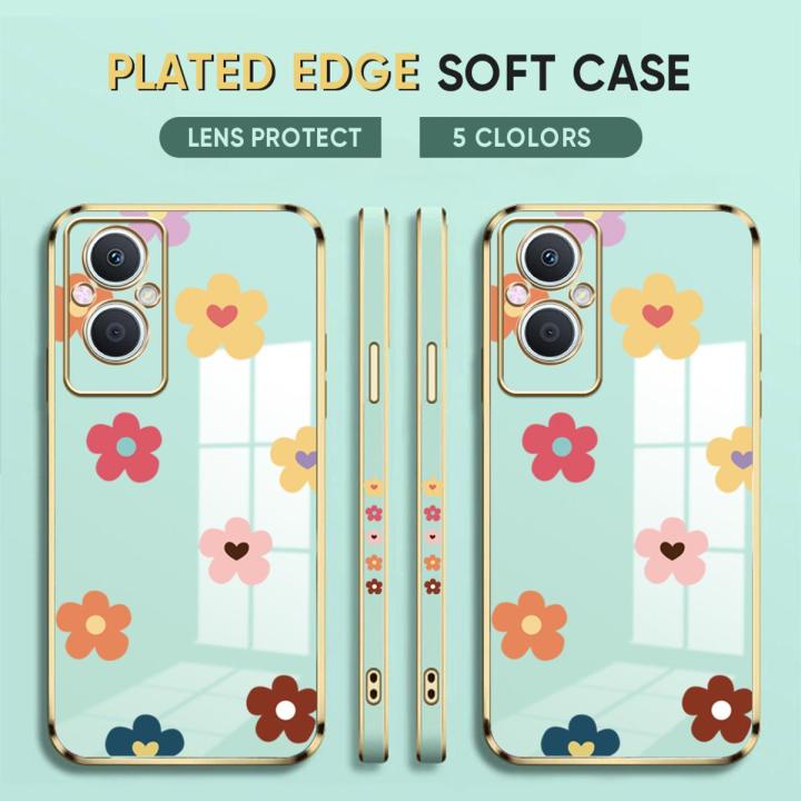 (Free Lanyard) Luxury 6D Plating Case for OPPO F21 Pro 5G / Reno7 Z 5G / Reno8 Z 5G Back Cover Color Cartoon Flowers Side Pattern Soft Silicone Square Phone Cases