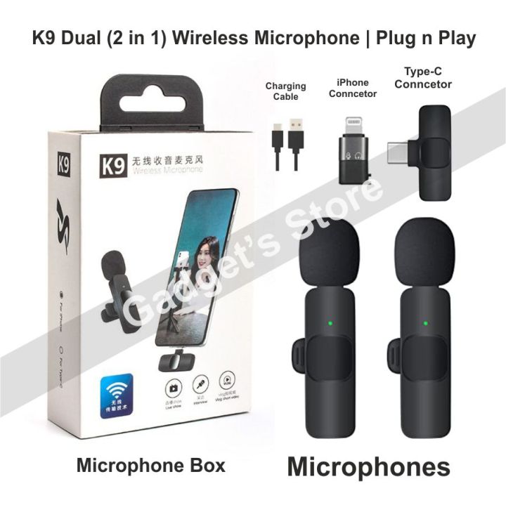 K9 2 in 1 Dual Microphone Mic Plug & Play USB Type C & iOS Wireless Lavaliere Microphone Auto Sync Noise Reduction NO APP or Bluetooth Needed- Dual Mic