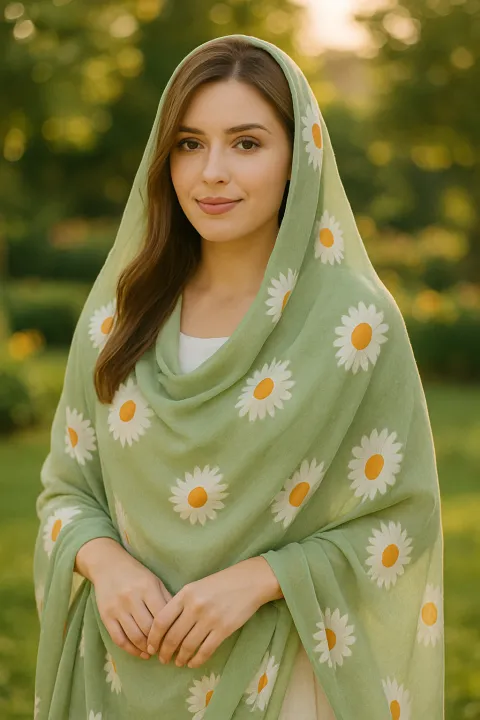 Hand-Painted%20Floral%20Dupatta%20in%20Olive%20Green%20%E2%80%93%20Sheer%20Organza%20Elegance%20with%20White%20&%20Orange%20Daisies%20%7C%20Perfect%20for%20Festive%20&%20Summer%20Looks%20%7C%20Custom-Made%20Just%20for%20You%20-%20Image%202