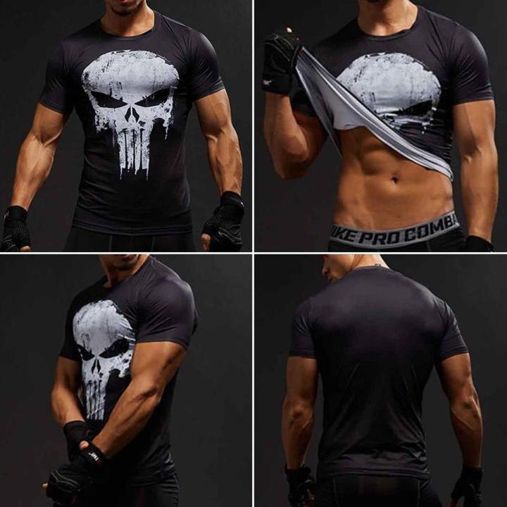 【ALLGOOD】Mens Compression Shirts Punisher Printed Quick Dry T-shirts Fitness Training Tight Sport Running Athletic Tops