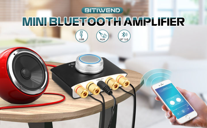BITIWEND Mini Bluetooth HiFi Amplifier Bluetooth 5.0 Audio Power Amplifier, Stereo Hi-Fi Digital Amp 2.0 Channel 100W with AUX/USB/Bluetooth Input,Speaker/Earphone Output