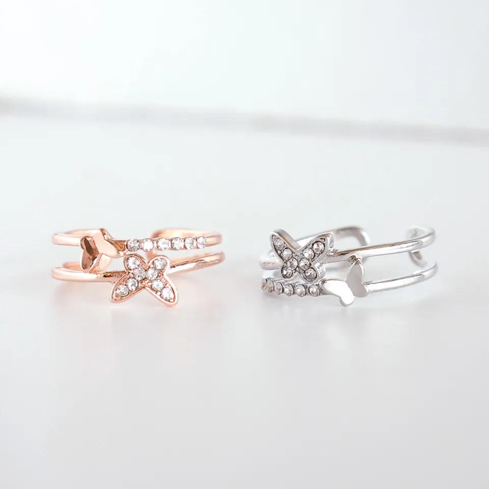 Adjustable 3D Crystal Butterfly Ring For Women - Gold Plated Open Cuff Finger Ring, Cute Animal Jewelry Gift - View #3