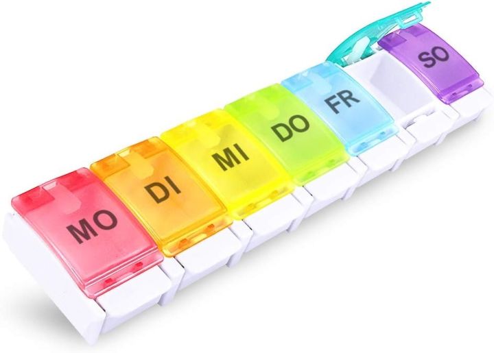 Eono 7 Day Pill Organizer Box 7 Compartments Medicine Box BPA Free for Vitamin, Fish Oil Tablets, Medicines or Additives (German Days of Week)